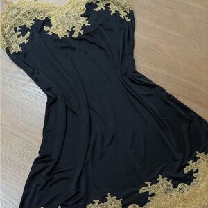 Vintage Natori Black and Gold Lace Dress
